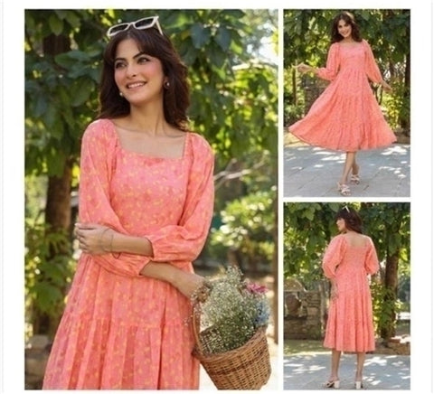 Jenesiya Coral Pink & Yellow Floral Midi Dress โ Square Neck Georgette with Balloon Sleeves