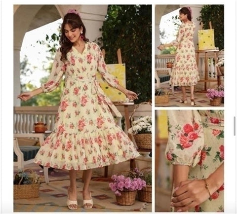 Jenesiya Ivory Floral Tiered Midi Dress โ Georgette with Tie-Up Waist & Frilled Hem
