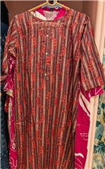 Wine Stripe & Leaf Half-Placket Kurta with Pant | Mocha Wine Vertical Stripe Scarlet Vine Overlay Elbow Sleeve Cotton Slub | Work Travel
