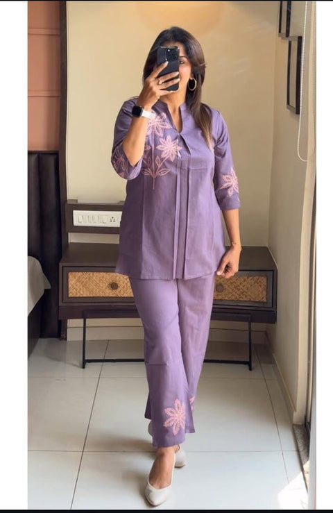 Swarit Floral Embroidered Coord Set | Pink Floral Sleeve Yoke Embroidery Side Pockets 60x60 Cotton | Rust Orange Lavender | M to XXXL
