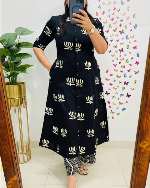 Block Printed Coord Set | Shirt Style Kurta with Matching Pants | Lotus Ethnic Print Cotton |