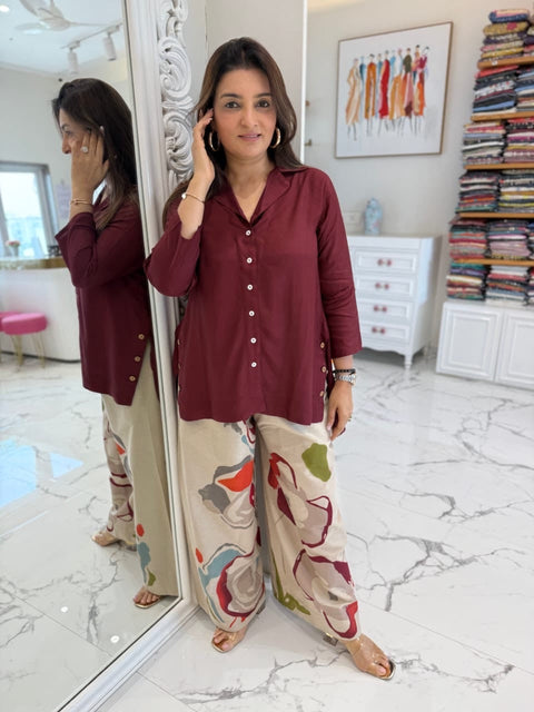 Swarit Shirt Style Coord Set with Artistic Pants | Maroon Collared Button-Down Gold Buttons Abstract Floral Wide Pants | Brunch Fusion