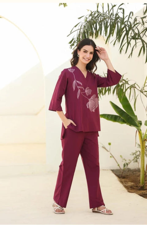 Single Side Floral Embroidered Coord Set | V-Neck Pleated 3/4 Sleeve 60x60 Cotton | Wine Black Teal Plum Maroon | Office Casual