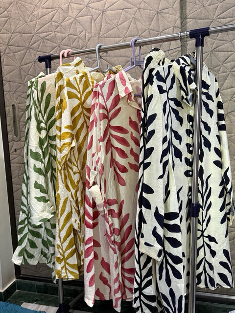 Thailand Women Long Printed Shirt with Pant Set | Rayon Leaf Print Free Size | Casual Travel Brunch