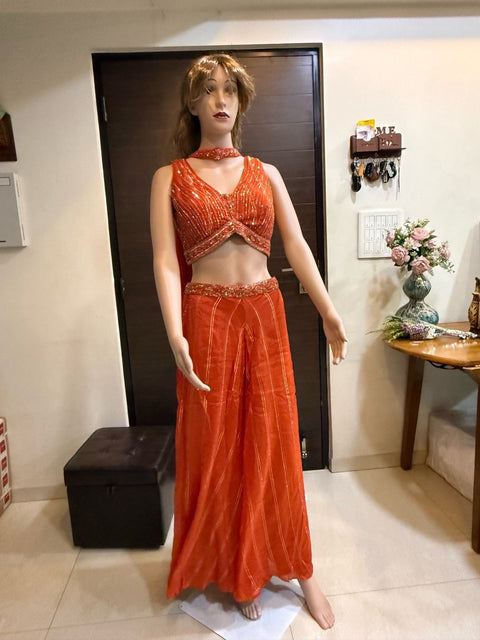 Toral Sequined Orange Crop Top with Palazzo Pants & Dupatta | V-Neck Georgette 3-Piece | Festive Party