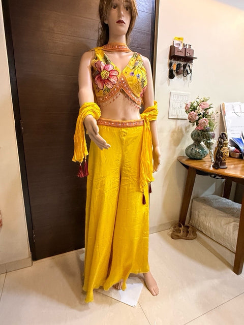 Toral Sunshine Floral Coord Set with Dupatta | Yellow Halter Bead Tassel | Haldi Mehendi Festive