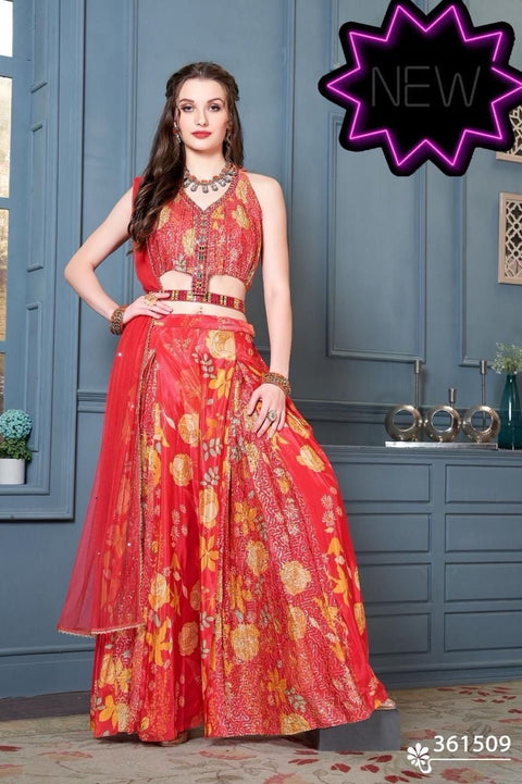 Toral Designer Red Printed Crop Top with Lehenga Skirt | Mirror Bead Cut-Out Indo-Western | Wedding Sangeet