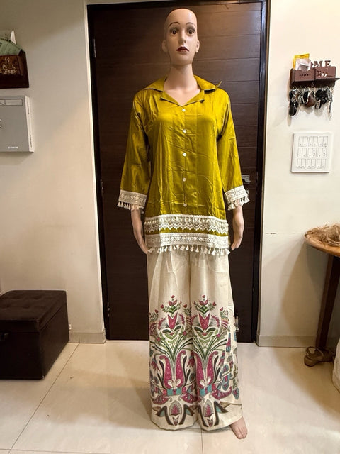 Puja Printed Coord Set | Olive Green, Magenta Pink & Royal Purple | Satin Lace Tassel Floral Palazzo | Semi-Formal