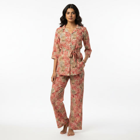 Floral Printed Loungewear Set with Belt | Rayon Collared Shirt & Pants | Casual Coord