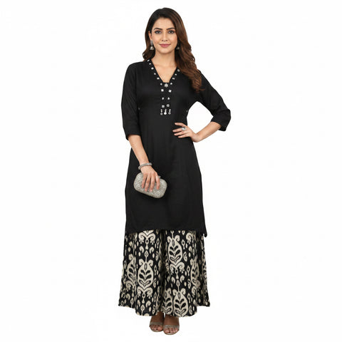 Black Floral Printed Short Kurta with Palazzo | Indo-Fusion Ethnic Coord Set for Women