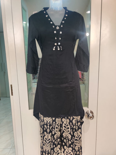 Black Embellished Mirror Kurta with Ivory Ethnic Print Palazzo | Festive Ethnic Coord Set