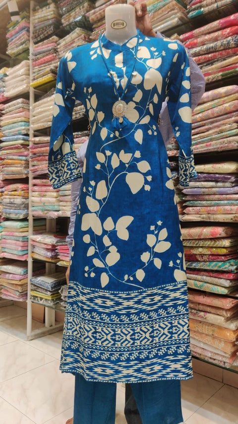 Blue Floral & Geometric Printed Kurti with Solid Pants | Indigo Cotton Blend Coord Set