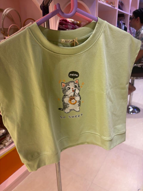 Cartoon Print Sleeveless Crop Top โ Pure Cotton Casual Graphic Tee