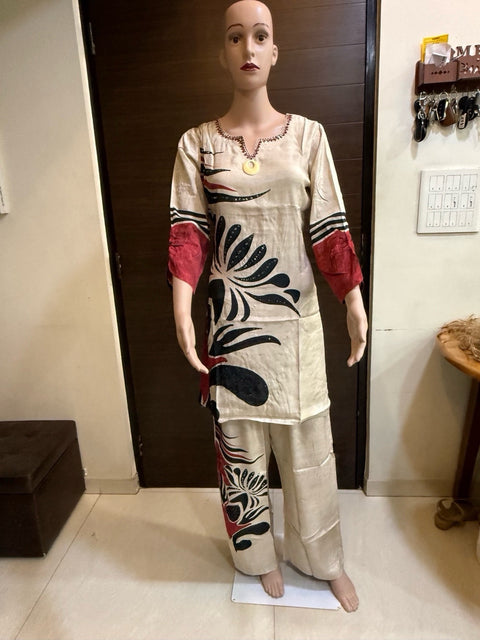 Puja Beige & Maroon Printed Kurti with Palazzo | Floral Abstract Cotton Blend Coord Set