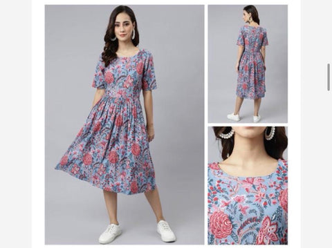 Jenesiya Blue Floral Fit & Flare Midi Dress โ Pure Cotton with Gathered Waist