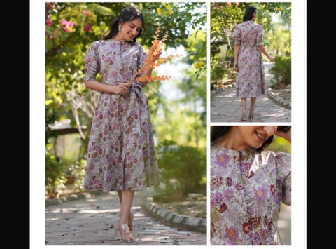 Jenesiya Lavender Floral A-Line Midi Dress — Georgette with Puff Sleeves & Belt