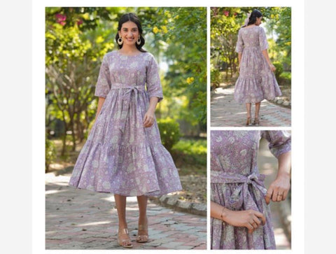 Jenesiya Lavender & White Floral Tiered Midi Dress — Cotton with Tie-Up Belt