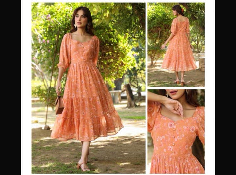 Jenesiya Floral Tiered Midi Dress — Georgette with Puff Sleeves in Peach, Red & Lavender