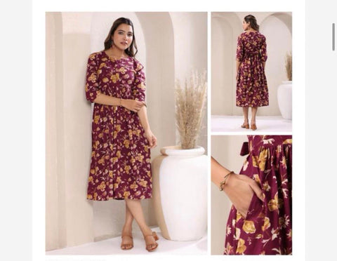Jenesiya Maroon & Yellow Floral Midi Dress — Cotton with Waist Tie & Side Pockets