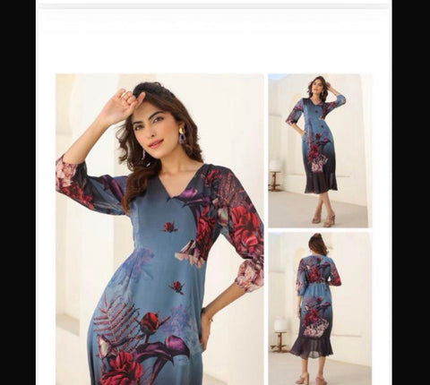 Jenesiya Navy Blue Floral Midi Dress โ Georgette with Bold Multicolour Print & 3/4 Sleeves