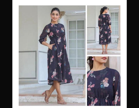 Jenesiya Navy Blue Floral Midi Dress โ Georgette with Side Pockets & 3/4 Sleeves