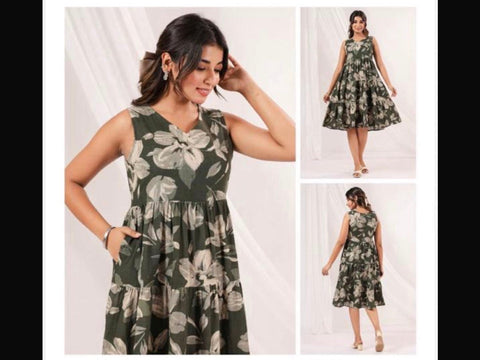 Jenesiya Olive Green Floral Sleeveless Tiered Midi Dress โ Cotton with Pockets