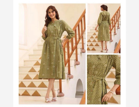 Jenesiya Olive Green Printed Midi Dress โ Cotton with Full Sleeves & Waist Tie Belt