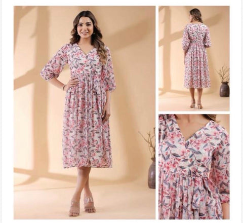 Jenesiya Pastel Pink Floral Midi Dress โ Georgette with V-Neck & Tie-Up Waist