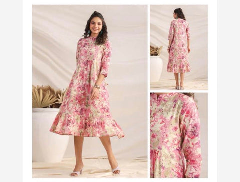 Jenesiya Pink & Cream Floral A-Line Midi Dress — Cotton with Mandarin Collar & Ruffle Hem