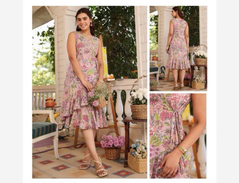 Jenesiya Pink Floral Sleeveless Asymmetric Hem Dress โ Rayon with V-Neck & Waist Tie