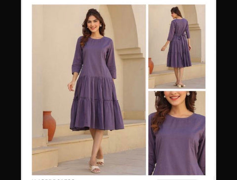 Jenesiya Solid Deep Purple Tiered Midi Dress โ Cotton with Waist Tie & Tiered Hem