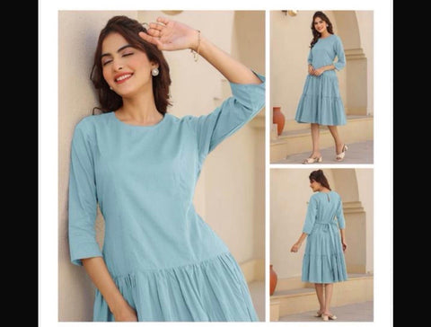 Jenesiya Solid Sky Blue Tiered Midi Dress โ Cotton with Waist Tie & Tiered Hem