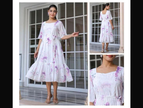 Jenesiya White & Lavender Floral Midi Dress — Georgette with Square Neck & Tie Belt