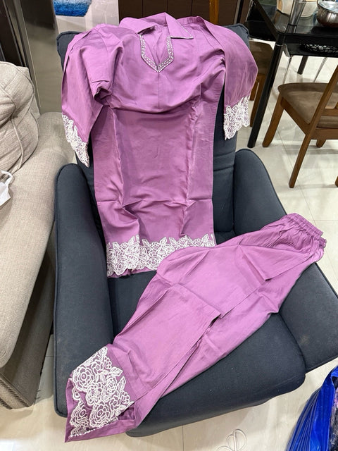 Mayuri II Lavender Coord Set with Lace Embroidery | White Floral Lace Collar Half Sleeve Cotton Blend | Casual Festive