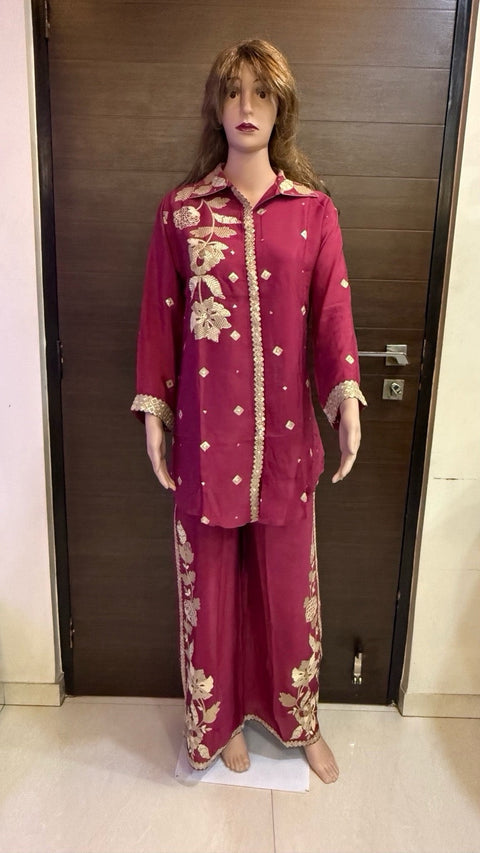 Puja Magenta Floral Embroidered Coord Set | Golden Thread Shirt-Style | Festive Ethnic Party