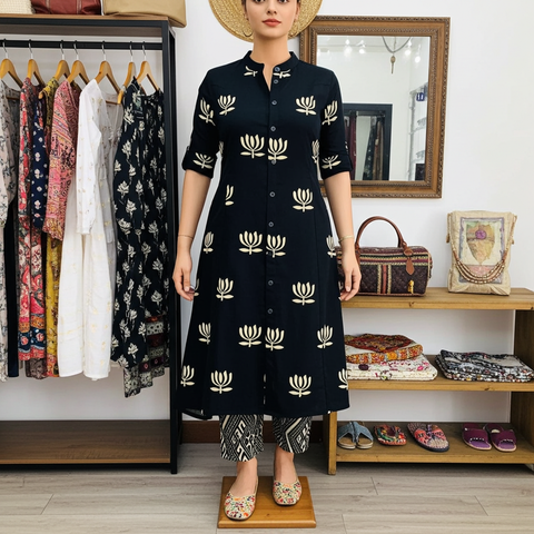 Block Printed Coord Set | Shirt Style Kurta with Matching Pants | Lotus Ethnic Print Cotton |