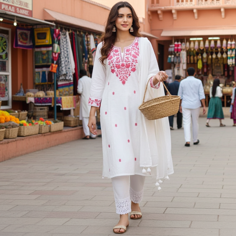 Aesha White Cotton Kurta Set with Maroon Hand Embroidery & Pant | Casual Ethnic Wear