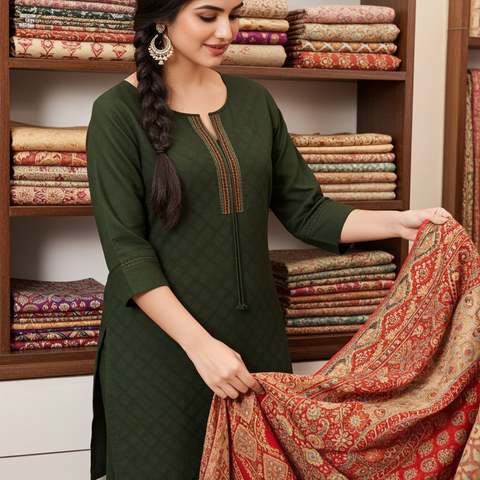 Aesha Dark Green Textured Kurti with Pant Set | Self-Textured Weave Minimal Embroidery Cotton Blend | Office Festive