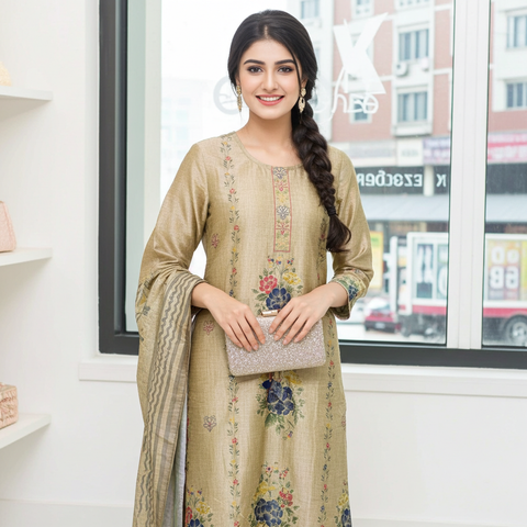 Antique Gold Multi-Floral Sequin 3-Piece Suit Set | Kurta, Satin Pants & Tassel Dupatta | Wedding Wear
