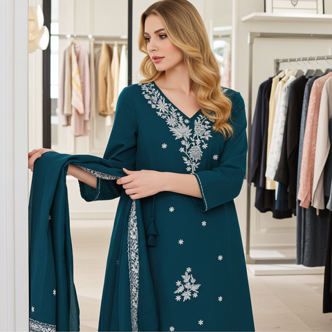Aesha Teal Blue Floral Embroidered Kurti with Pant & Dupatta Set | Festive Party Wear
