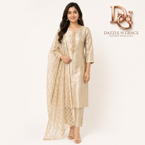 Platinum Silver Shimmer 3-Piece Festive Suit Set - Premium Ethnic Fashion by Dazzle N Grace