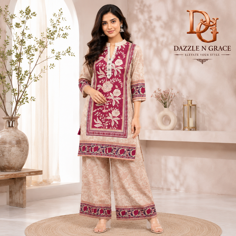 Women’s Premium Floral Printed Straight Kurta with Palazzo Set – Beige & Wine | Elegant Ethnic Wear by Dazzle N Grace
