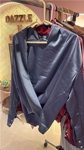 Satin Drape Top — Deep V-Neck Luxe Blouse with Pearl Button Cuffs