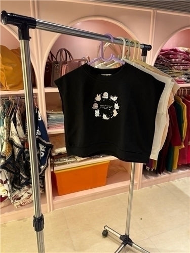 Cartoon Print Sleeveless Crop Top — Fun Graphic Prints in Cotton Blend