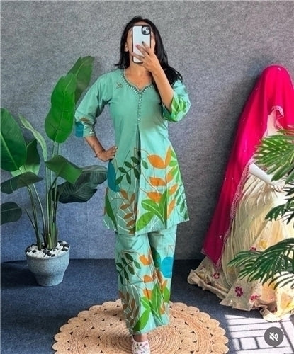 Swarit Leaf Print Cotton Coord Set with Handwork Neckline | Mirror Bead V-Neck 3/4 Sleeve Wide Pants | Up to XXXL Everyday Casual
