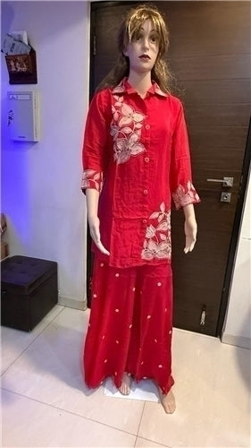 Puja Red Floral Embroidered Kurti with Sharara Set | Thread Zari Silk Blend | Wedding Festive