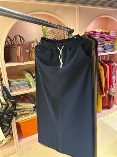 Solid Straight Midi Skirt with Drawstring Waist