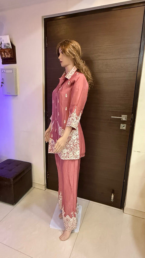 Puja Peach Pink Heavy Embroidered Coord Set
