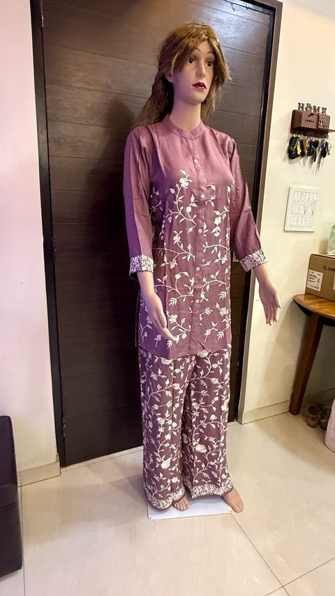 Puja Mauve Pink Ethnic Floral Embroidered Coord Set