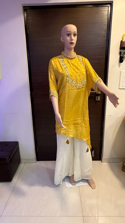 Puja Mustard Yellow Embroidered Kurti with White Palazzo Set